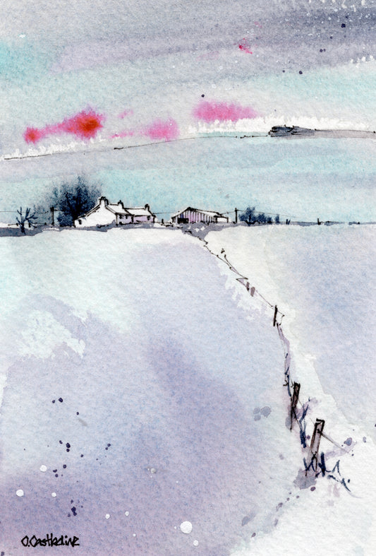 Moorland Farm Under Pink Sky - Original Watercolour