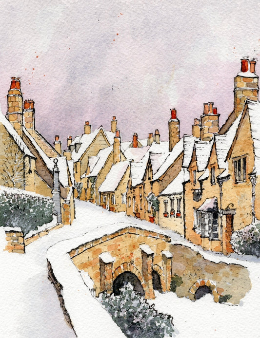 Castle Coombe Under Snow - Original Art Mounted 12 x 10 inches.