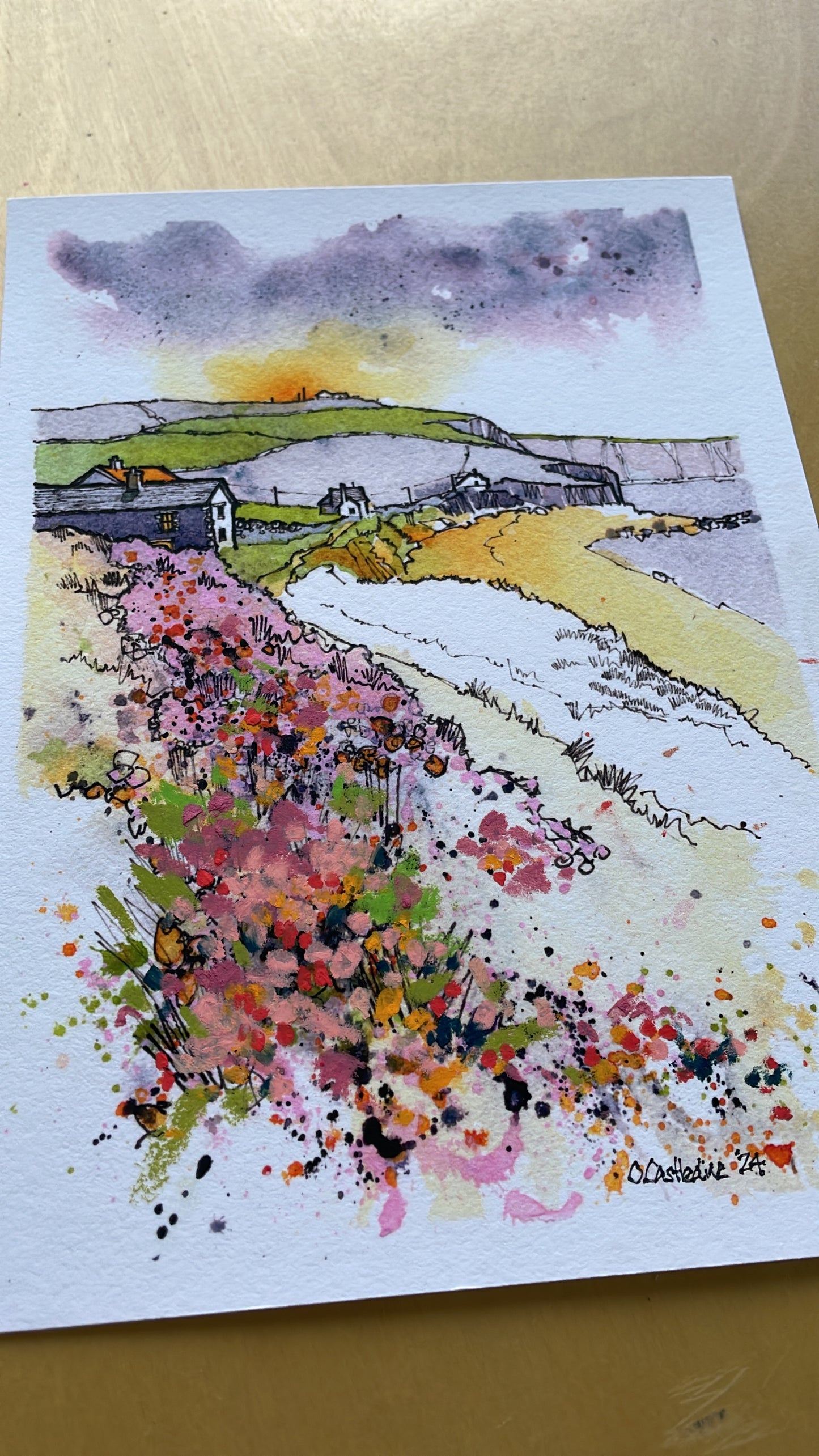 A print hand finished with soft pastel unique! - Gunwalloe Cornwall : Mounted