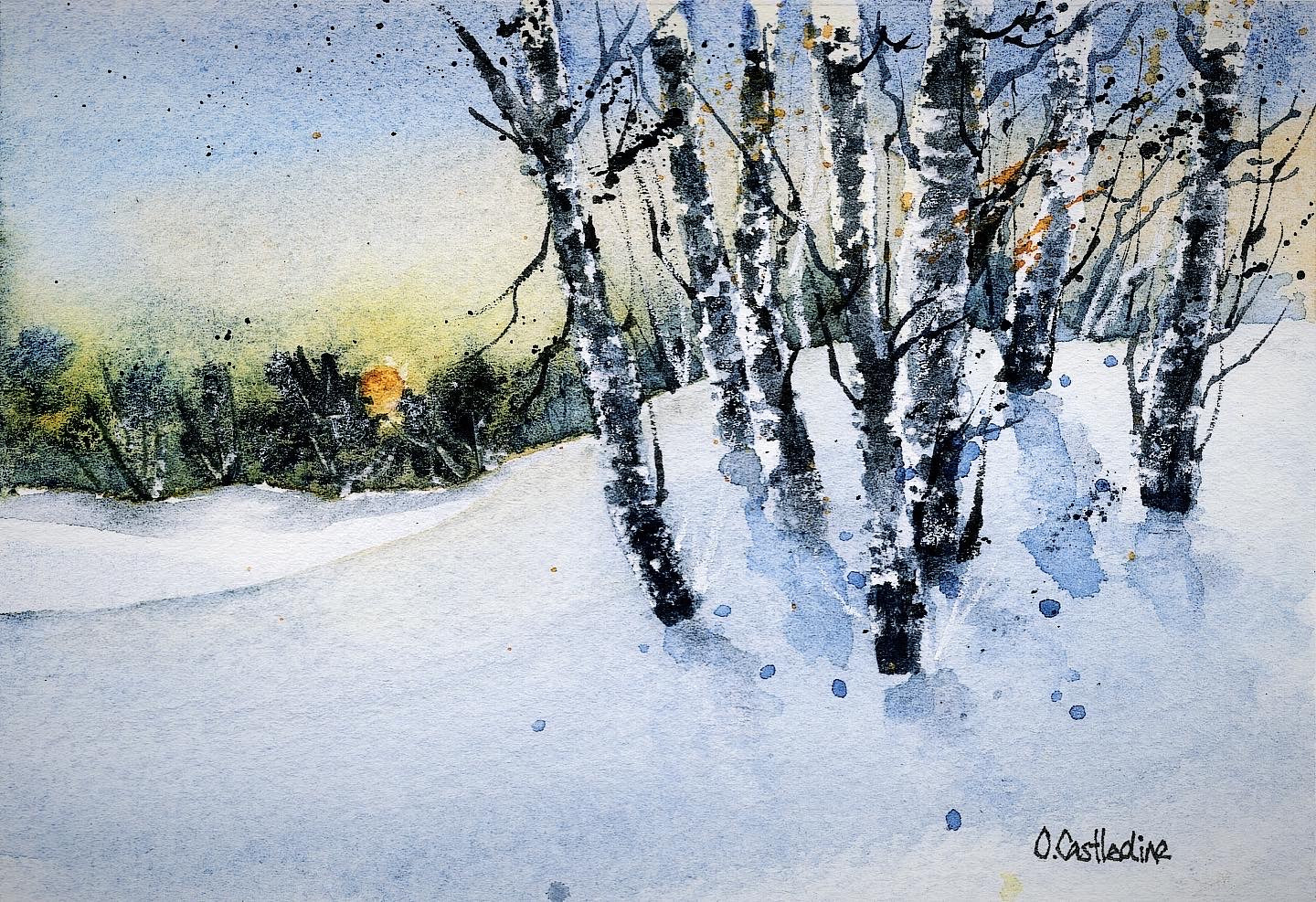 Last Light, Birch trees in the snow - A6 Original art in a 9 x 7 mount.