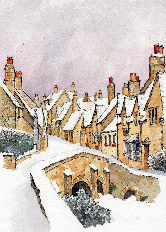 Castle Coombe in the snow - Mounted Art Print 12 x 10