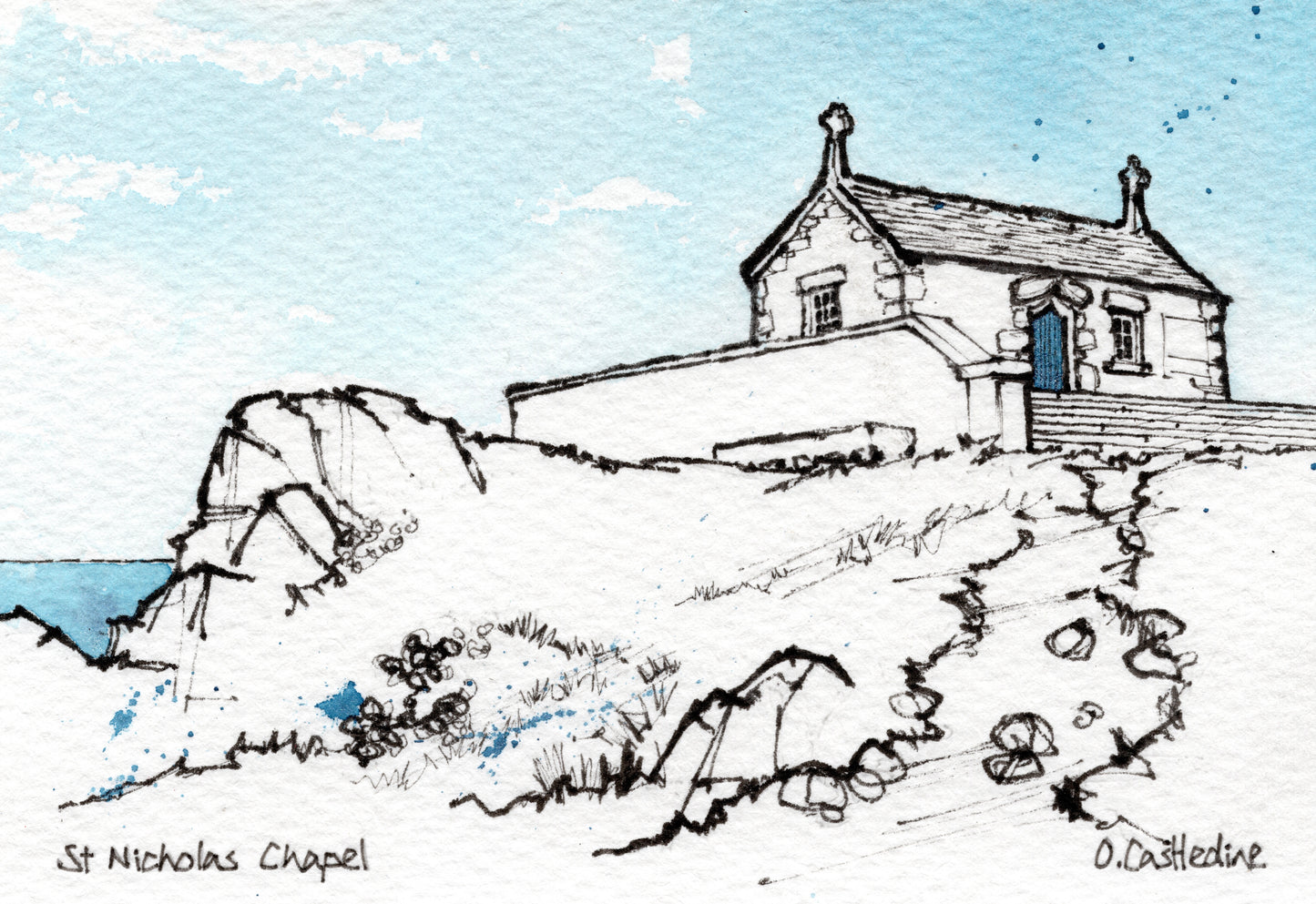 St Nicholas Chapel St Ives - A7 Original Art Mounted